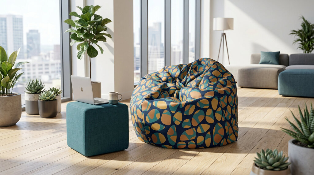 Detail sedacího vaku Comfort Sako s výrazným firemním potiskem a taburet kostkou v moderním chill-out koutku