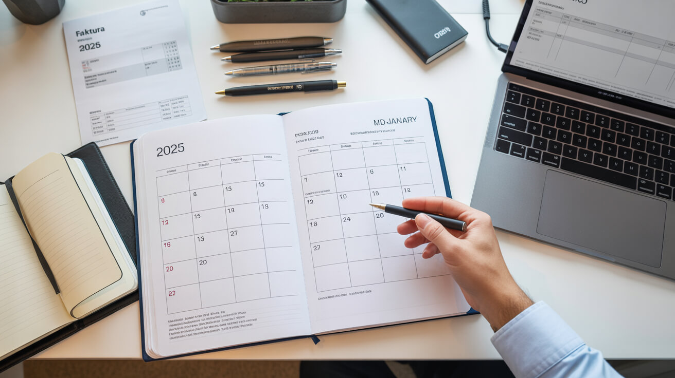 Kancelářský stůl s kalendářem, fakturou pro rok 2025 a reklamními předměty TAEDA - urgentní termín do 16. ledna