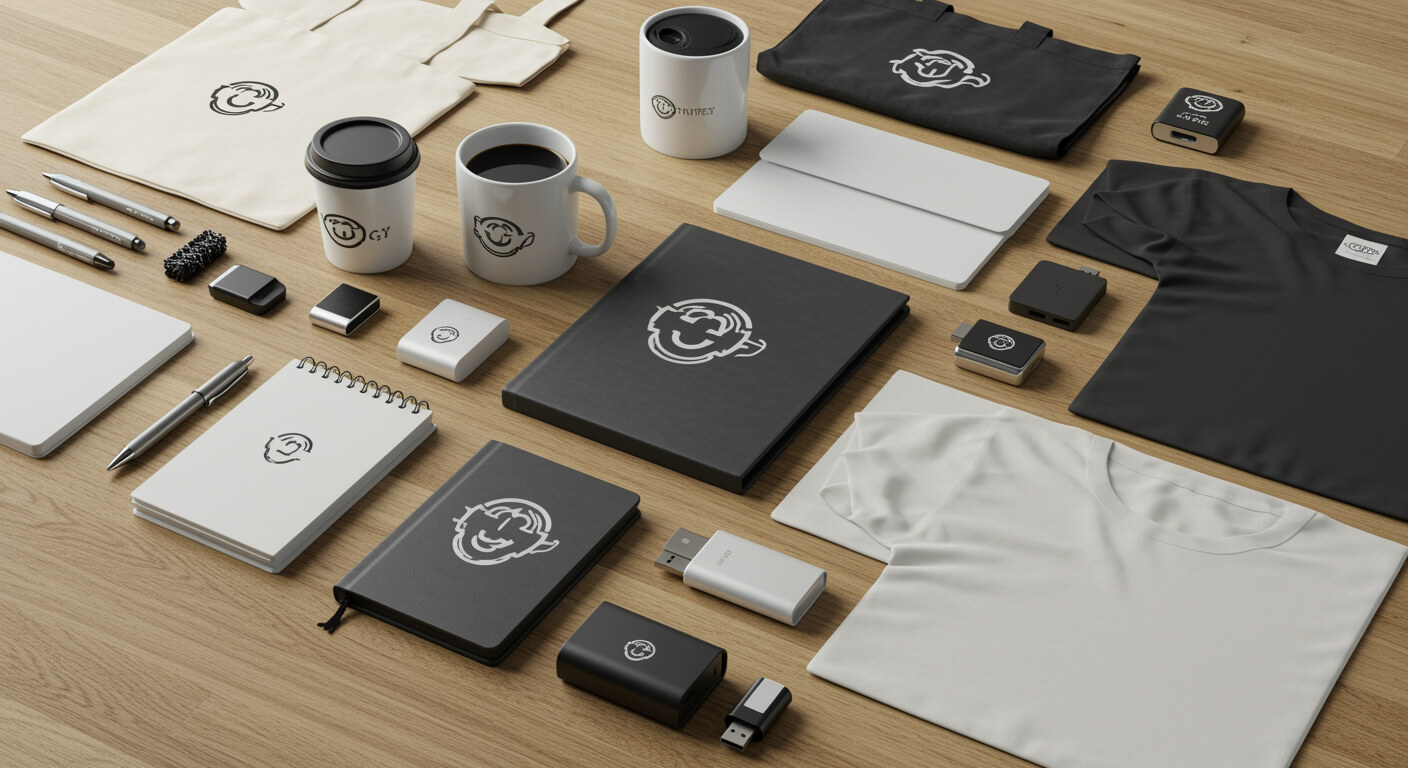 Custom promotional products - branded pens, mugs, bags and t-shirts with company logos