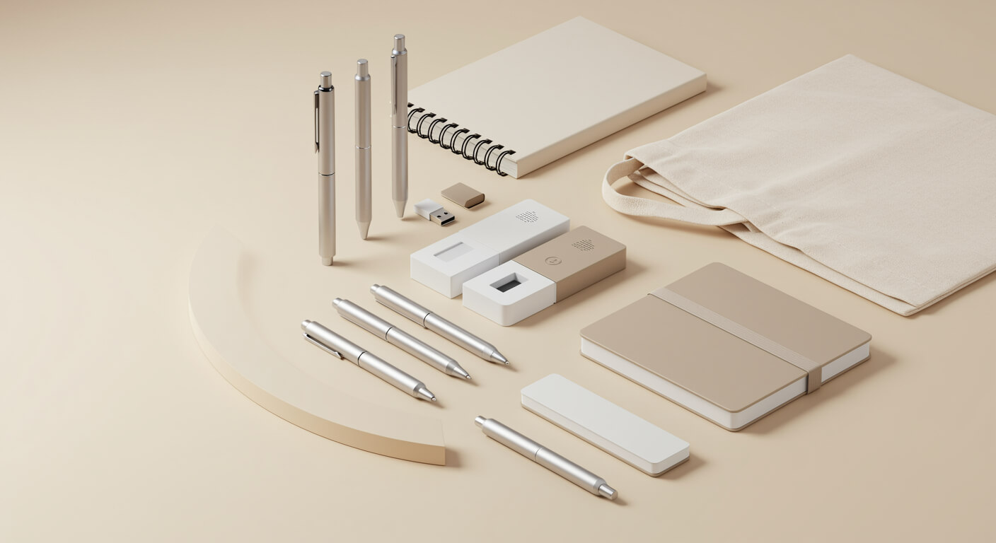 Sortiment reklamních předmětů TAEDA - propisky, powerbanky, tašky a notesy připravené k personalizaci s firemním logem