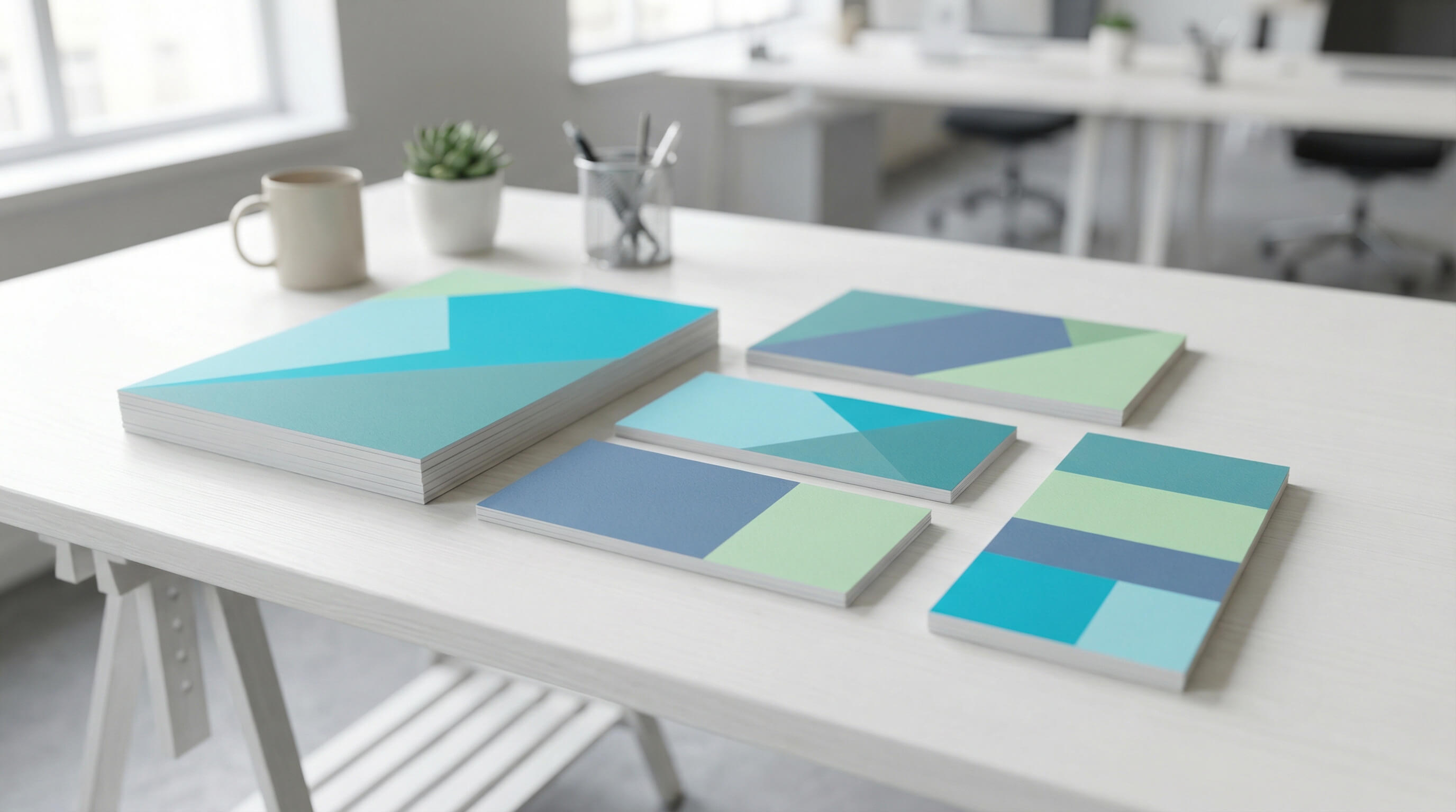 Tisk letáků A4, A5 a DL pro firemní kampaně Barevné reklamní letáky formátu A4, A5 a DL na kancelářském stole