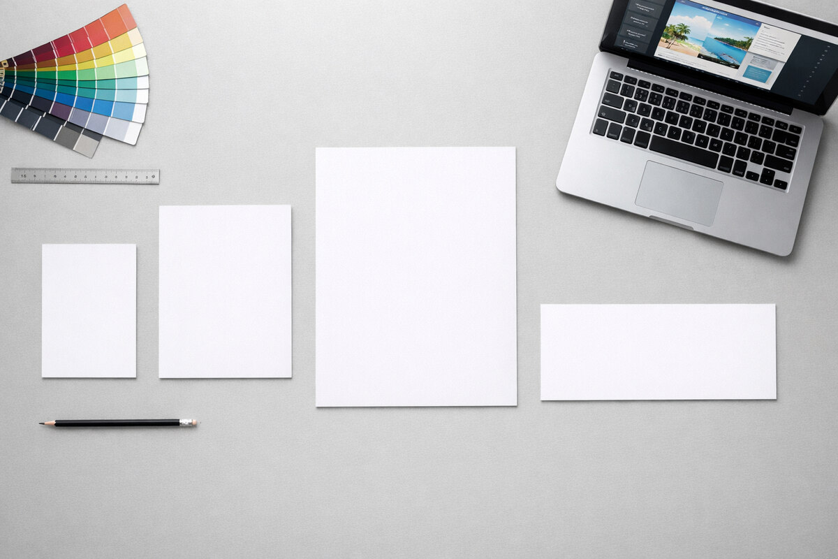 Přehled formátů letáků A6, A5, A4 a DL na pracovním stole