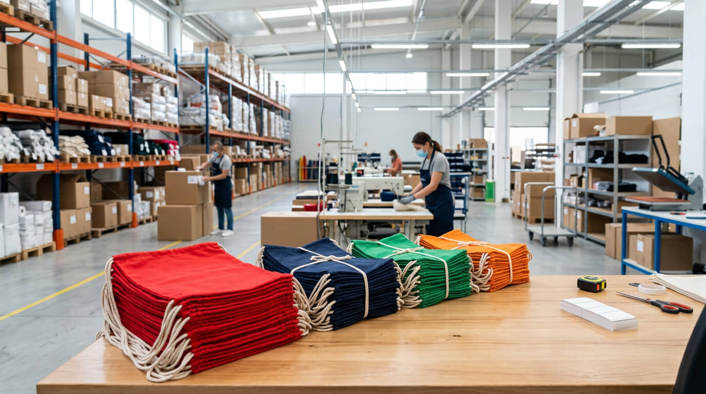 Barevné stahovací vaky připravené k expresnímu potisku ve výrobní hale TAEDA