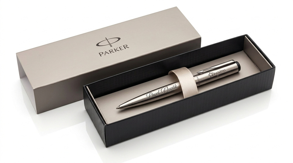 Detailný pohľad na luxusné pero Parker v matnej čiernej darčekovej krabičke položené vedľa podpísanej obchodnej zmluvy