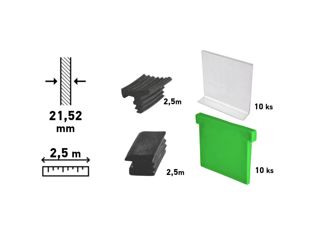 Sada příslušenství pro ukotvení skla o tloušťce 21,52 mm do 2,5 m dlouhého profilu