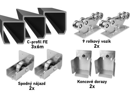 Sada pro samonosnou bránu s šířkou průjezdu do 12,5 m, C-profil 140x140x6 mm, FE, vozíky 9 rolí