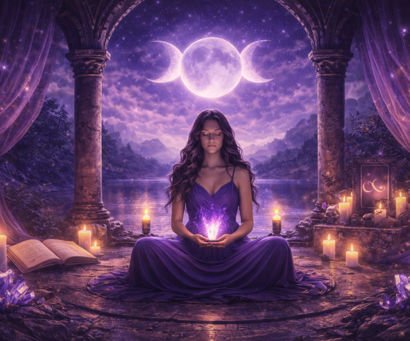 Mystická bohyně s měsíčními symboly – úvodní vizuál ke šperkům z kamenů.