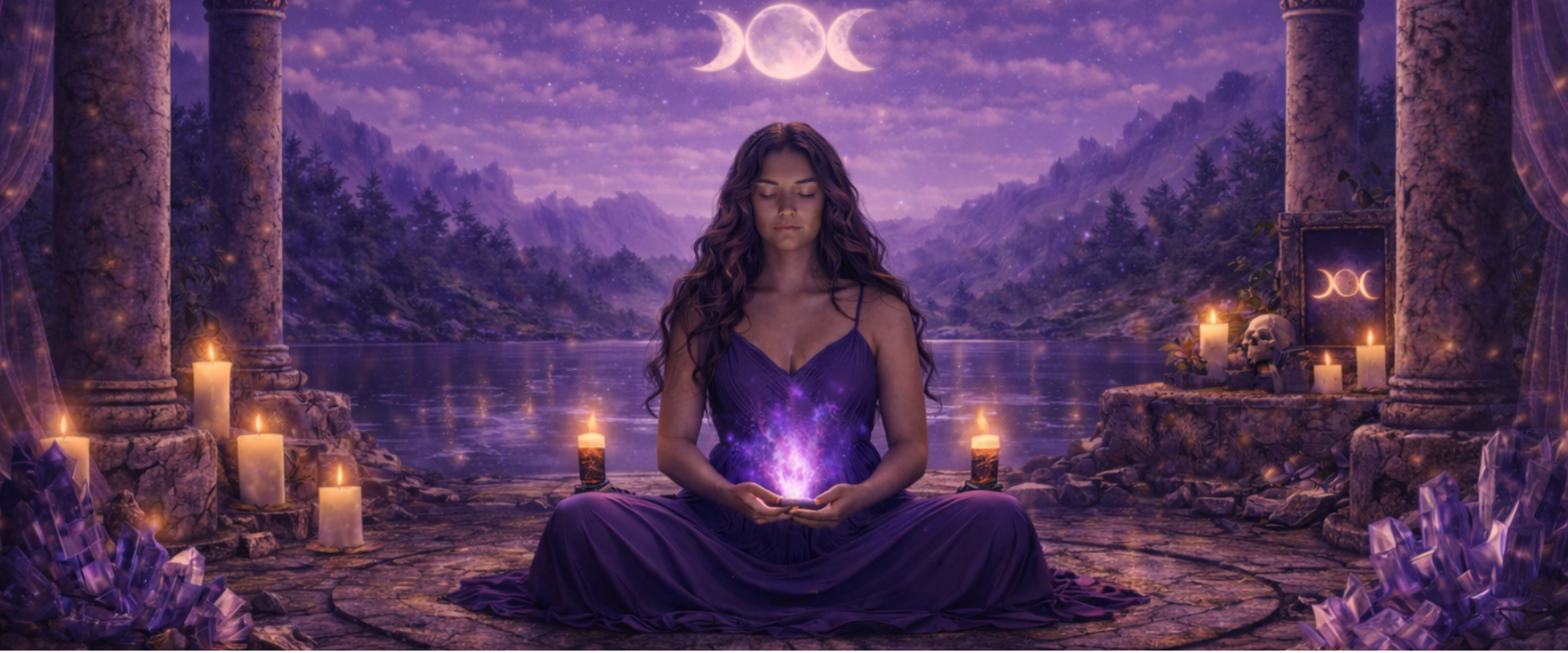 Mystická bohyně s měsíčními symboly – úvodní vizuál ke šperkům z kamenů.