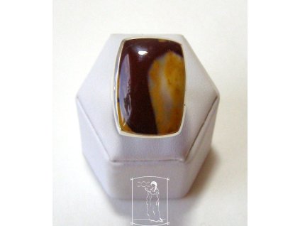 Stříbrný prsten s obdélníkovým mookaitem v hnědo-žlutých tónech – Dotek Soumraku
