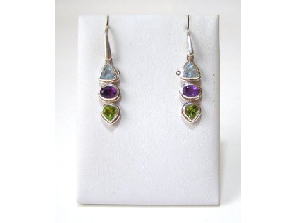 Stříbrné náušnice s ametystem, modrým topazem a olivínem