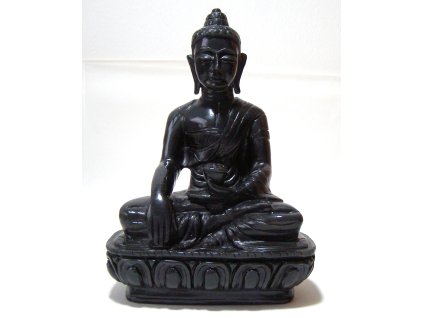 Buddha z obsidiánu černý se stříbřitým přechodem 19 cm Tajemná Hékaté