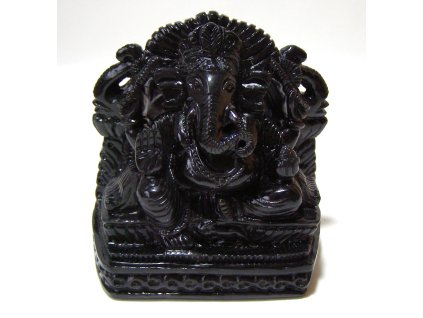 Ganéša z obsidiánu černý se stříbřitým přechodem 11 cm Tajemná Hékaté