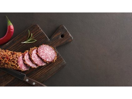 top view delicious salami table with copy space 23 2148439440