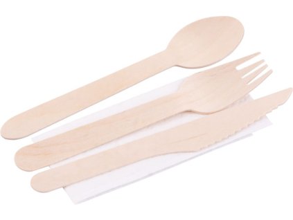 Príbor MagicHome Woodline ECO, drevený nôž, vidlička, lyžica, servítka, 100% Natural  + praktický pomocník k objednávke