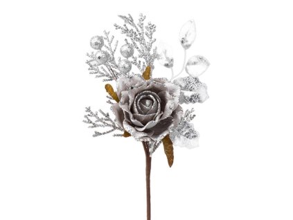 X Vetvička MagicHome Vianoce, s ružou, sivá, 26 cm, bal. 6 ks  + praktický pomocník k objednávke