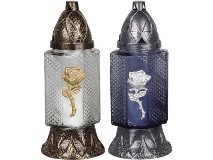 Kahanec Grave, s ružou, mix farieb modré/priehľadné sklo 28 h, 80 g, 26 cm, na hrob  + praktický pomocník k objednávke