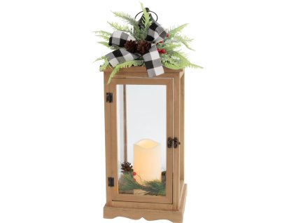 Dekorácia MagicHome Vianoce, Lampáš s čečinou a mašľou, 1 LED, 3xAAA, efekt plameňa, časovač, drevo, 20x20,5x51 cm  + praktický pomocník k objednávke