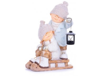 Postavička MagicHome Vianoce, Chlapček s dievčatkom na saniach, keramika, 34x24x46,5 cm  + praktický pomocník k objednávke