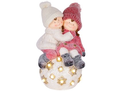 Dekorácia MagicHome Vianoce, Chlapec a dievčatko na guli, 9 LED, 3xAA, keramika, interiér, 32,50x30x50 cm  + praktický pomocník k objednávke