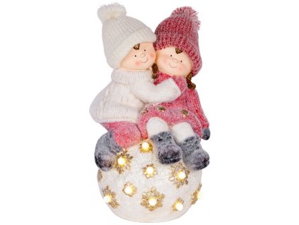 Dekorácia MagicHome Vianoce, Chlapec a dievčatko na guli, 9 LED, 3xAA, keramika, interiér, 32,50x30x50 cm  + praktický pomocník k objednávke