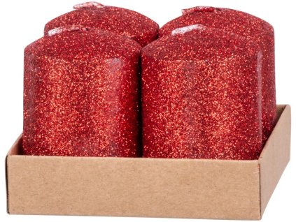 Sviečka MagicHome Vianoce, 4x6 cm, valcová, bal. 4 ks, červená, s glitrami, adventná  + praktický pomocník k objednávke