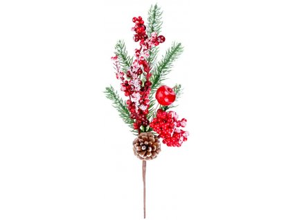 Vetvička MagicHome Vianoce, s bobuľkami a šiškou, červená, zasnežená, 32 cm  + praktický pomocník k objednávke