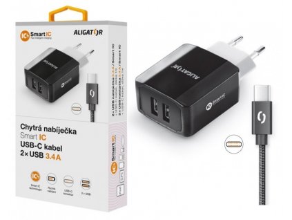 Chytrá síťová nabíječka ALIGATOR CHS0004 3.4A, 2xUSB, smart IC, černá, USB-C kabel 2A
