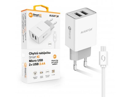 Chytrá síťová nabíječka ALIGATOR 2.4A, 2xUSB, smart IC, bílá, Micro USB kabel 2A