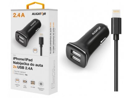 Nabíječka do auta ALIGATOR pro iPh 5/6/7/8 s 2xUSB výstupem 2,4A, Turbo charge, černá