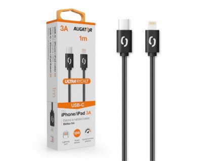 Datový kabel ALIGATOR POWER 3A, USB-C/Lightning, 1m černý