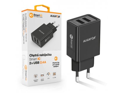 Chytrá síťová nabíječka ALIGATOR 2.4A, 2xUSB, smart IC, černá