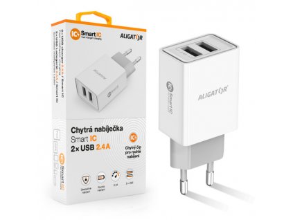 Chytrá síťová nabíječka ALIGATOR 2.4A, 2xUSB, smart IC, bílá