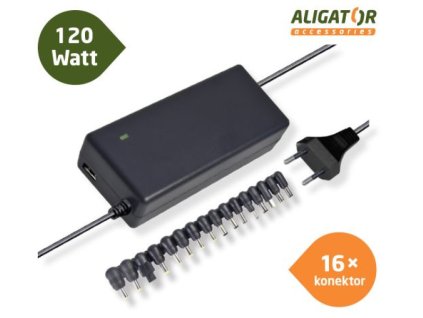 Aligator NTA0120 - Univerzální adaptér k notebooku 120W s USB výstupem a 16 výměnnými konektory