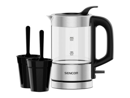 Sencor SWK 160SS – cestovní rychlovarná konvice 0,5 l / 1100 W, sklo/nerez