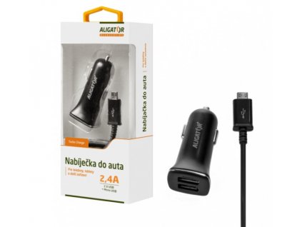 Nabíječka do auta ALIGATOR CHA0002  s microUSB kabelem a 2xUSB výstupem 2,4A, Turbo charge, černá