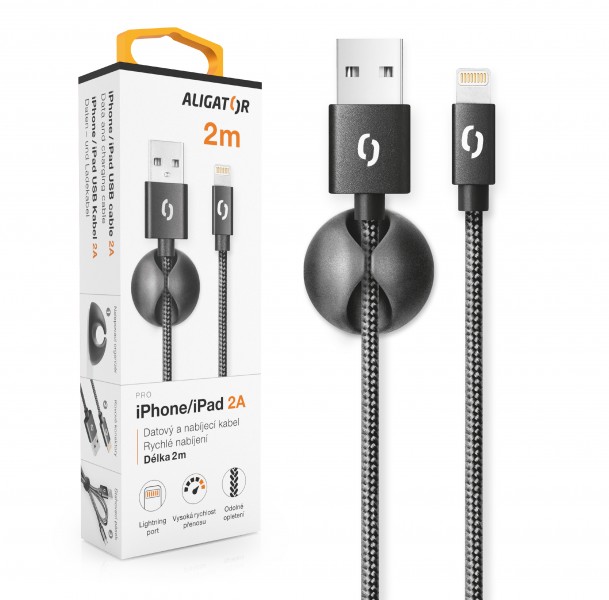 Fotografie Datový kabel ALIGATOR PREMIUM 2A, Lightning 2m, černá Aligator