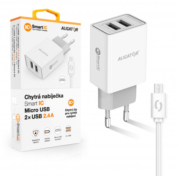 ALIGÁTOR Chytrá síťová nabíječka ALIGATOR 2.4A, 2xUSB, smart IC, bílá, Micro USB kabel 2A