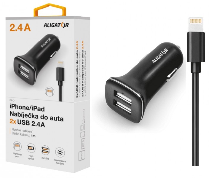 ALIGÁTOR Nabíječka do auta ALIGATOR pro iPh 5/6/7/8 s 2xUSB výstupem 2,4A, Turbo charge, černá