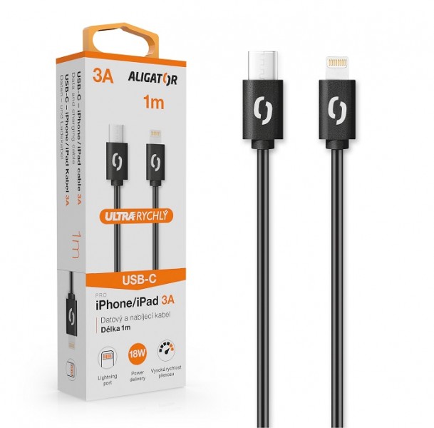 ALIGÁTOR Datový kabel ALIGATOR POWER 3A, USB-C/Lightning, 1m černý