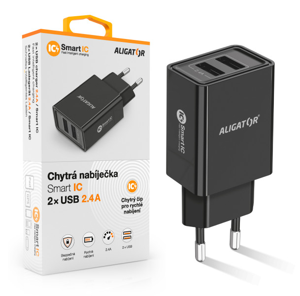 Fotografie Chytrá síťová nabíječka ALIGATOR 2.4A, 2xUSB, smart IC, černá Aligator