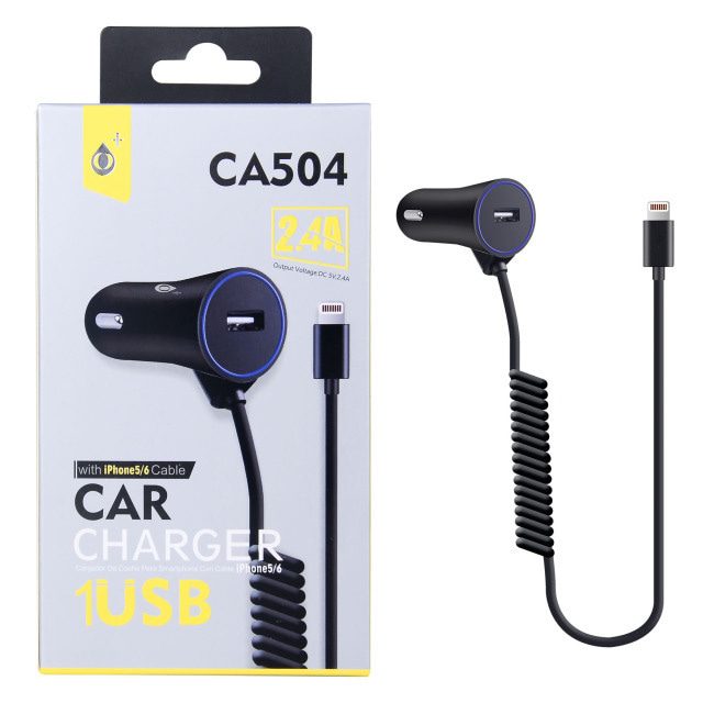 Fotografie Nabíječka do auta PLUS CA504 s kabelem pro iPhone lightning, výstup 2.4A, Black Aligator