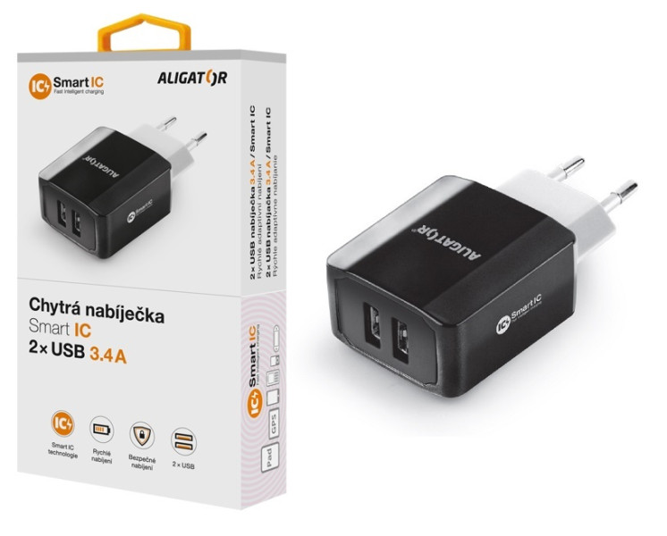 ALIGÁTOR Chytrá síťová nabíječka ALIGATOR 3.4A, 2xUSB, smart IC, černá