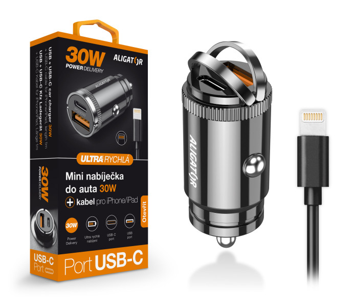 ALIGÁTOR Aligator mini nabíječka do auta Power Delivery 30W, USB-C + USB-A,USB-C kabel pro iPhone/iPad CHPD0008