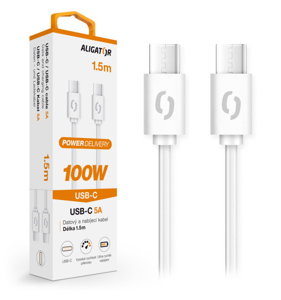 Fotografie ALIGÁTOR Datový kabel ALIGATOR POWER 100W, USB-C/USB-C 5A, 1,5m bílý