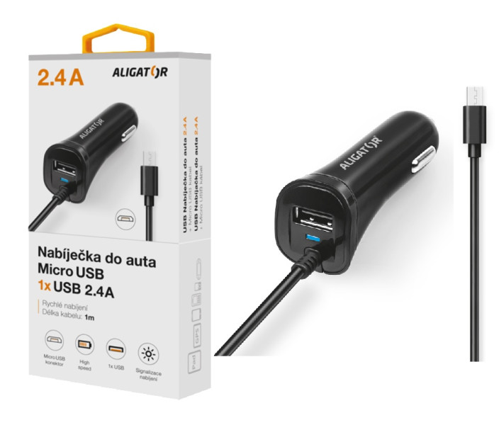 Fotografie Nabíječka do auta ALIGATOR micro USB s USB výstupem, 2.4A, Turbo charge, Black Aligator