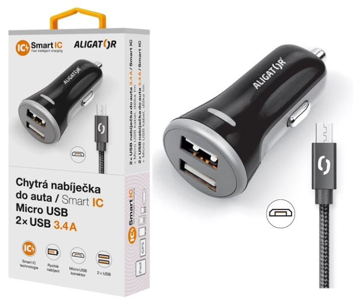 Fotografie Nabíječka do auta ALIGATOR MicroUSB 2xUSB výst. 3.4A, smart IC, Black Aligator