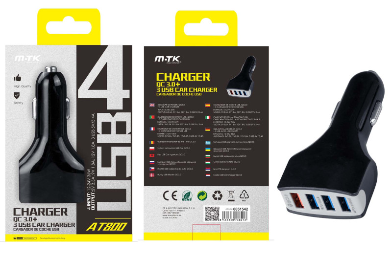 Nabíječka do auta PLUS AT800, 4xUSB, Quick Charge 3.0, černá