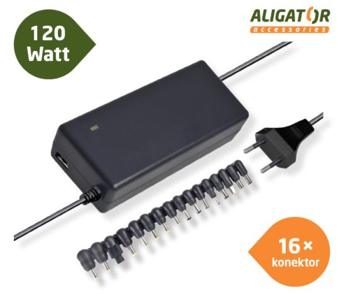 ALIGÁTOR Aligator NTA0120 - Univerzální adaptér k notebooku 120W s USB výstupem a 16 výměnnými konektory