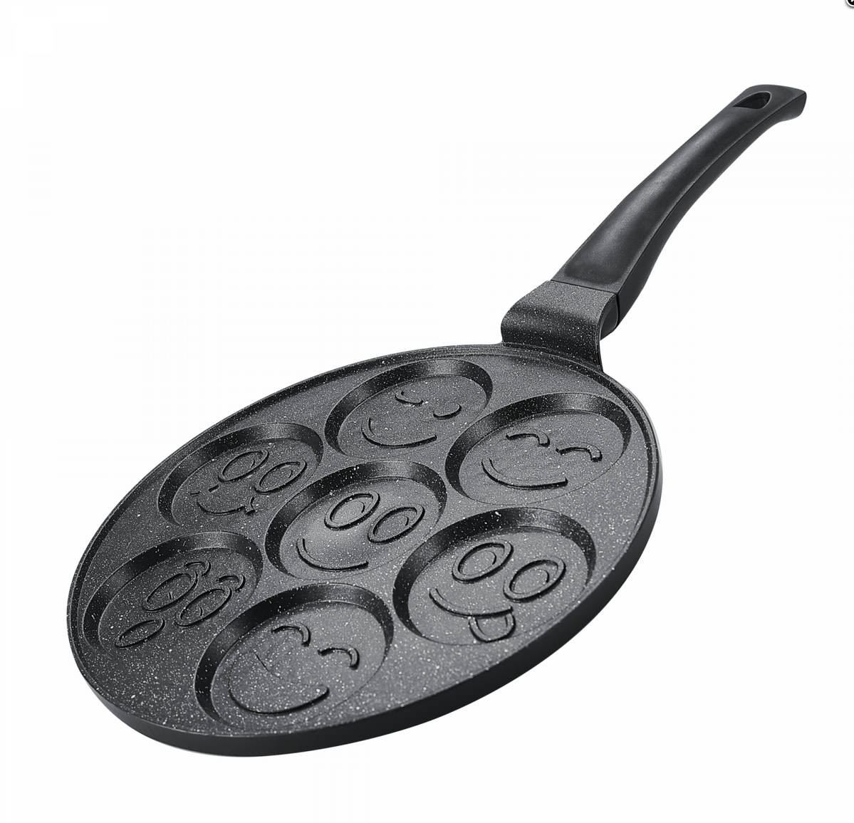 Fotografie Herzberg HG-CP267SML – 26cm pánev na lívance s mramorovým povrchem a 7 smajlíky