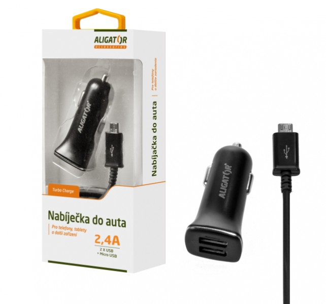 ALIGÁTOR Nabíječka do auta ALIGATOR CHA0002 s microUSB kabelem a 2xUSB výstupem 2,4A, Turbo charge, černá